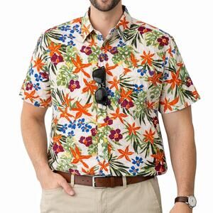Lee Men’s Large Hawaiian Tropical Floral Button Front Shirt 100% Cotton Camp